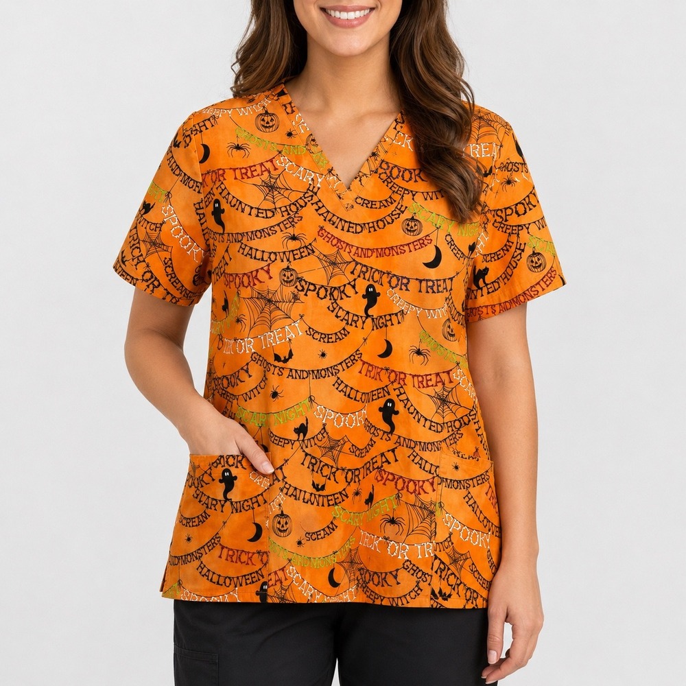 SB Scrubs Halloween Trick or Treat V-Neck Scrub Top Orange 3X